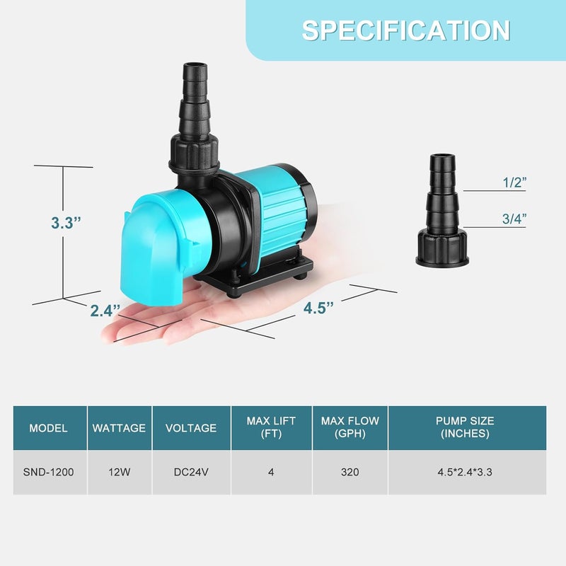 JEREPET 320GPH Mini Aquarium DC Water Pump with Controller, DC24V 12W Submersible Return Pump for Fish Tank,for 20g to 50g nano desktop Aquariums,Fountains,Sump,Hydroponic - Image 2
